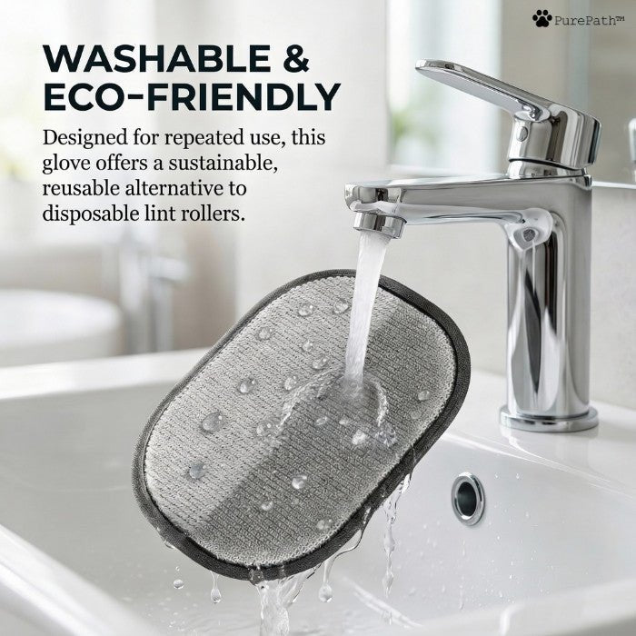 PurePath™ eco-friendly pet hair glove being rinsed under water in a sink