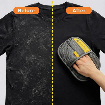 Before and after using PurePath™ glove to remove pet hair from a black t-shirt