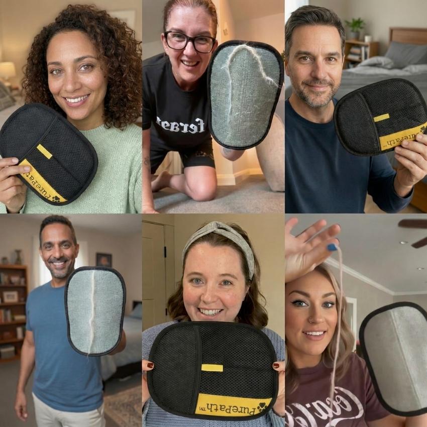 Happy PurePath™ customers holding their pet hair remover gloves — 100,000+ verified reviews